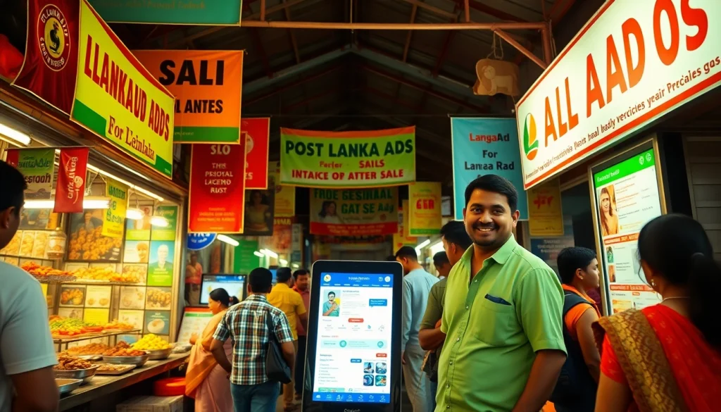 Lanka Ad marketplace scene depicting vibrant Sri Lankan culture and ad postings.