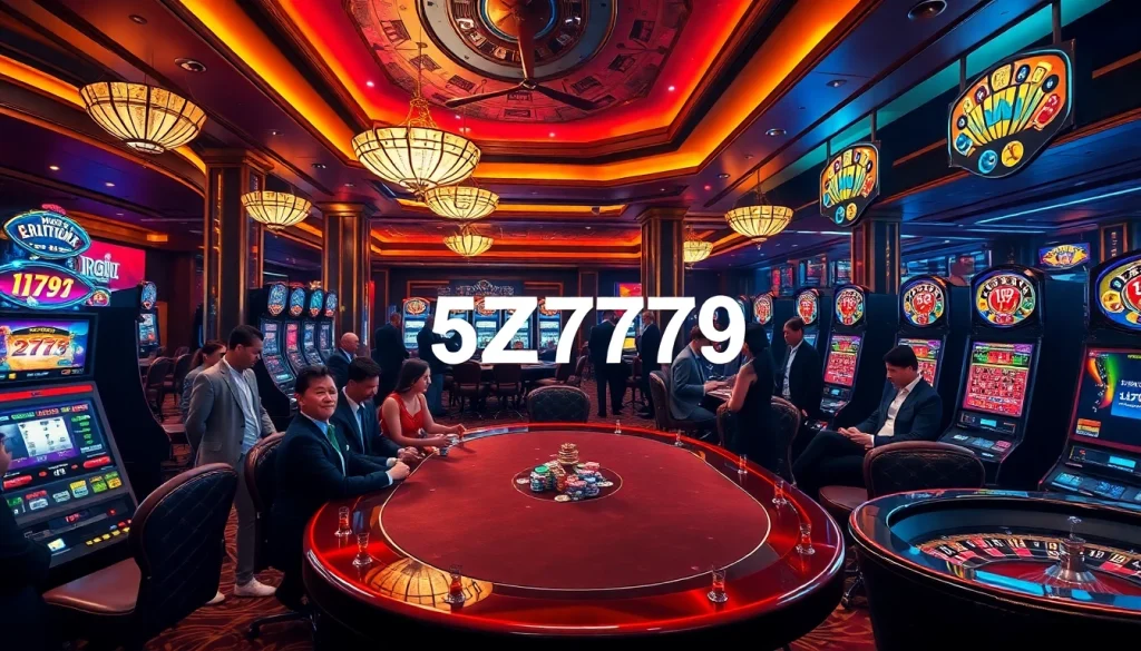 Experience thrilling gaming with 5Z7779 at a luxurious poker table in a vibrant casino.