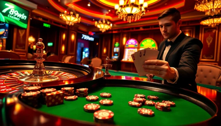 789win players enjoying an exciting casino experience with poker chips and roulette table.