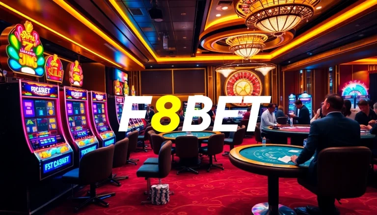 Players enjoying thrilling games at F8BET casino with vibrant slot machines and lively poker action.