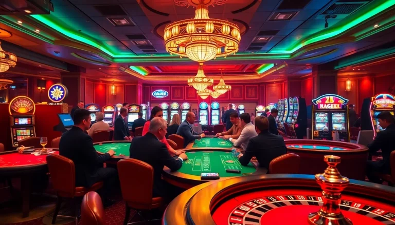 Experience thrilling gameplay at Okfun casino with vibrant gaming tables and excited players.