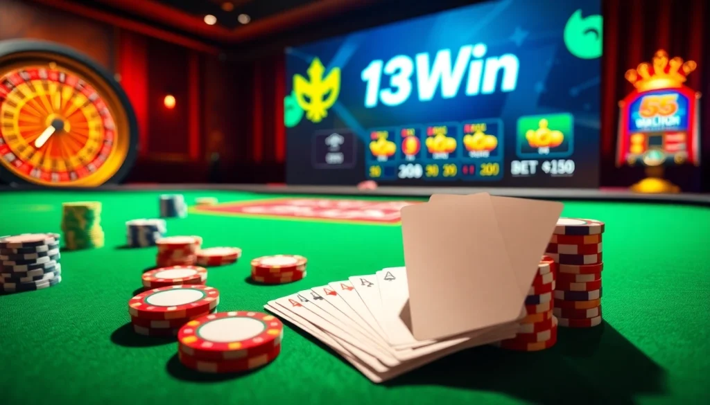 Engaging scene of players enjoying games at 13Win casino, with vibrant poker chips and roulette.