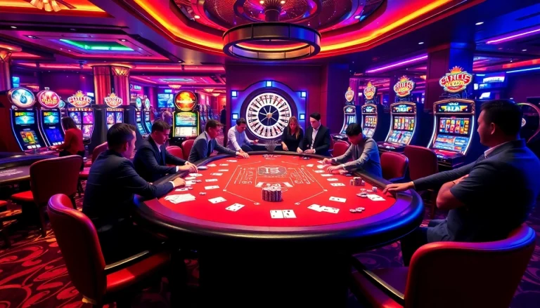 Experience the thrill at win55 casino with a vibrant poker table and exciting slot machines.