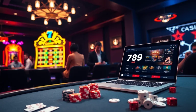 Exciting poker game at 789bet with vibrant chips, cards, and a roulette wheel spinning.