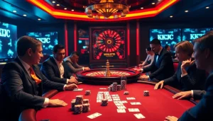 KJC casino high-stakes poker table with colorful chips and luxurious ambiance.