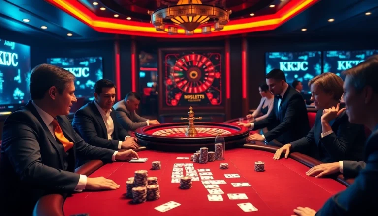 KJC casino high-stakes poker table with colorful chips and luxurious ambiance.