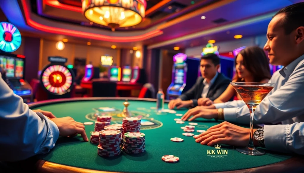 Experience KK WIN excitement at a luxurious casino poker table with vibrant lights and intense gameplay.