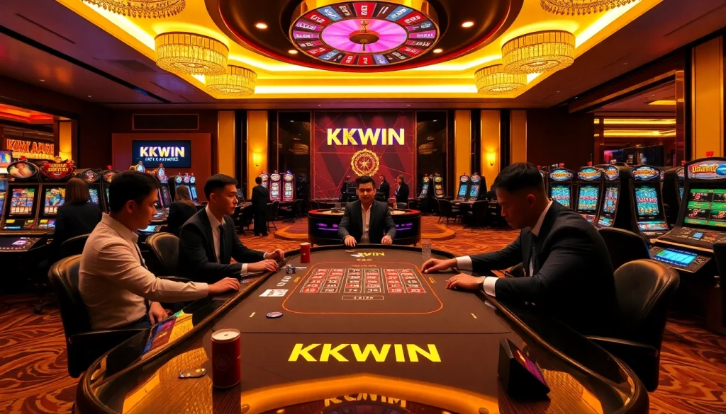KKWIN casino scene showcasing high-stakes poker, roulette, and vibrant slot machines.
