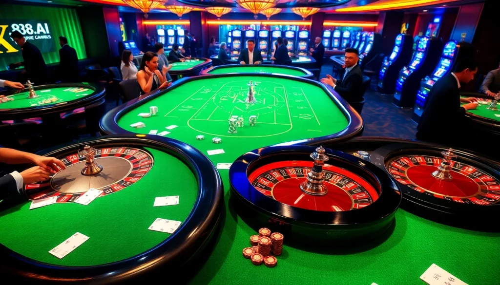 Experience thrilling gaming action at XX88.AI, featuring elegant casino tables and exciting slot machines.