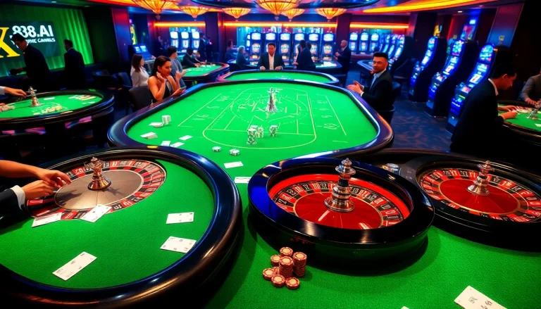 Experience thrilling gaming action at XX88.AI, featuring elegant casino tables and exciting slot machines.