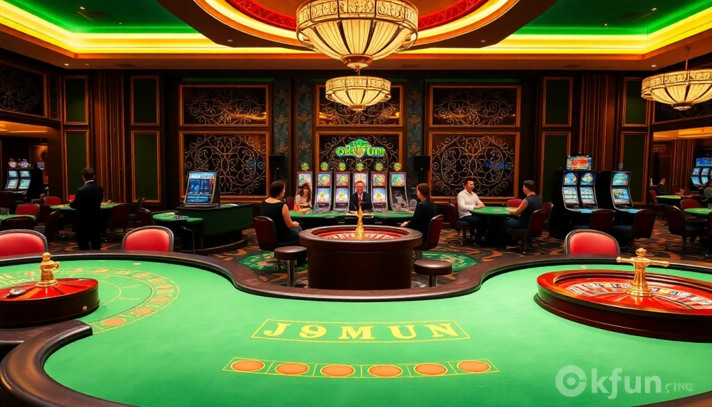 Exciting gambling experience at Okfun Casino featuring vibrant poker tables and slot machines.