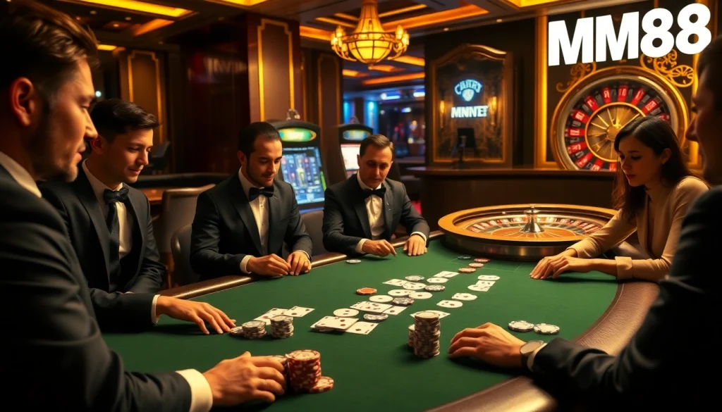 Experience the thrill of gameplay at MM88 through rich casino visuals of poker tables and slot machines.