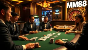 Experience the thrill of gameplay at MM88 through rich casino visuals of poker tables and slot machines.