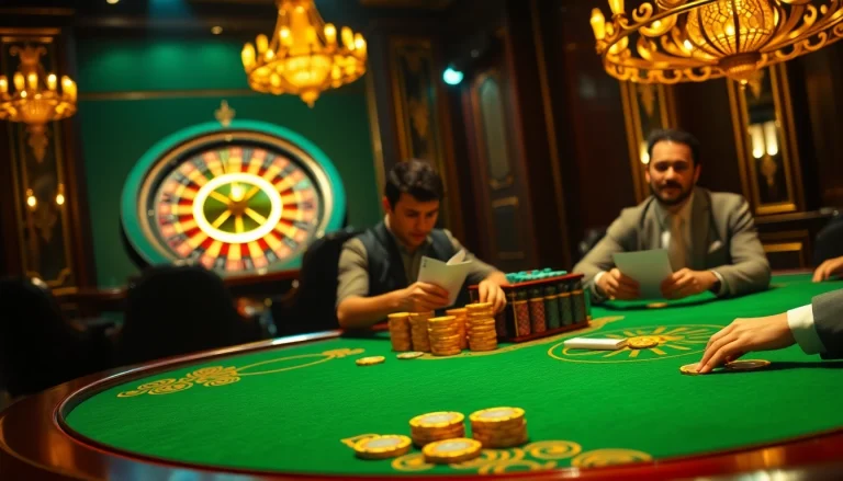 Players enjoying high-stakes poker at a luxurious casino table, representing QQ888 excitement.