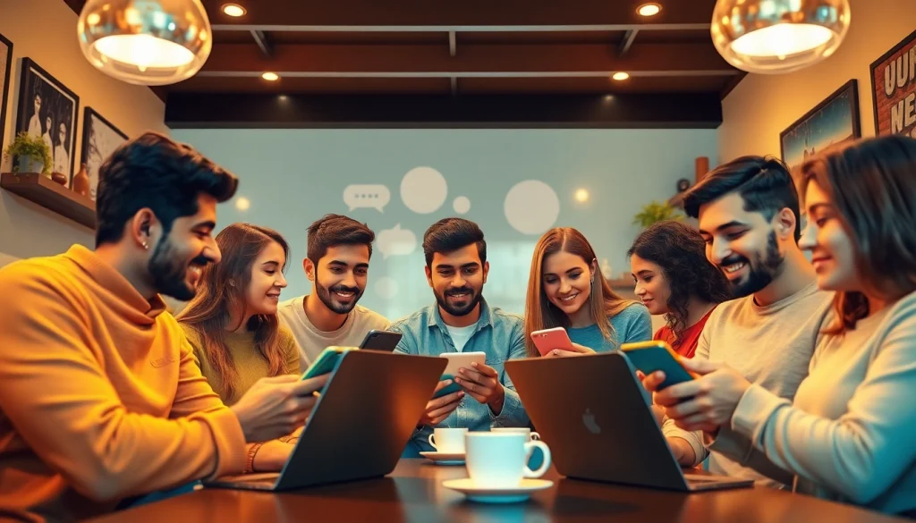 جو اجتماعي ديناميكي في شات تعب قلبي مع شباب يتفاعلون ويتواصلون عبر الإنترنت.