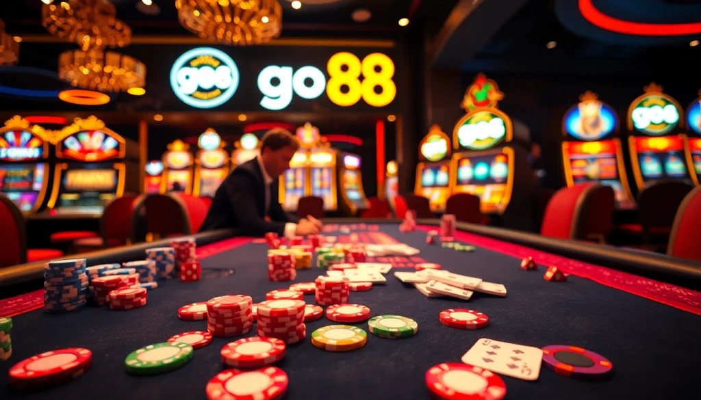 Experience thrilling casino action at go88 with colorful poker chips and vibrant slot machines.