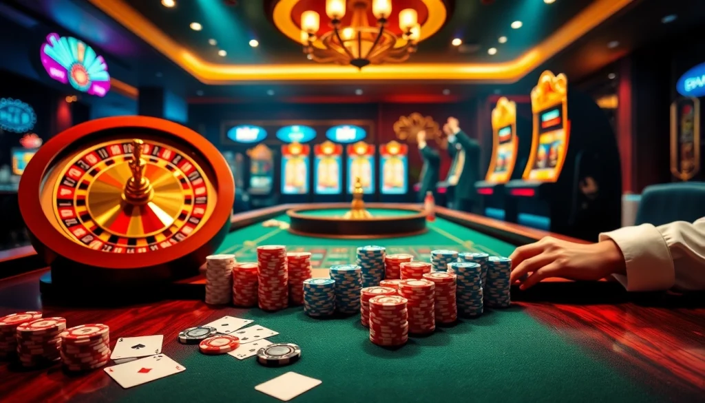 A dynamic casino scene showcasing thrilling online gambling elements like roulette and poker, capturing the spirit of 79 king.