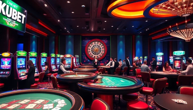 KUBET players engaging in thrilling games at a luxurious casino, featuring slot machines, poker tables, and a roulette wheel.