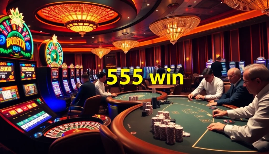Experience the thrill of winning at 555 win with colorful slot machines and poker tables.