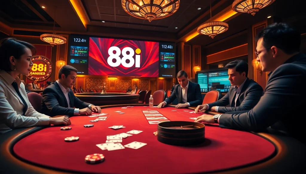 A thrilling poker game scene at the 88i casino, showcasing intense players, chips, and a dynamic roulette wheel.