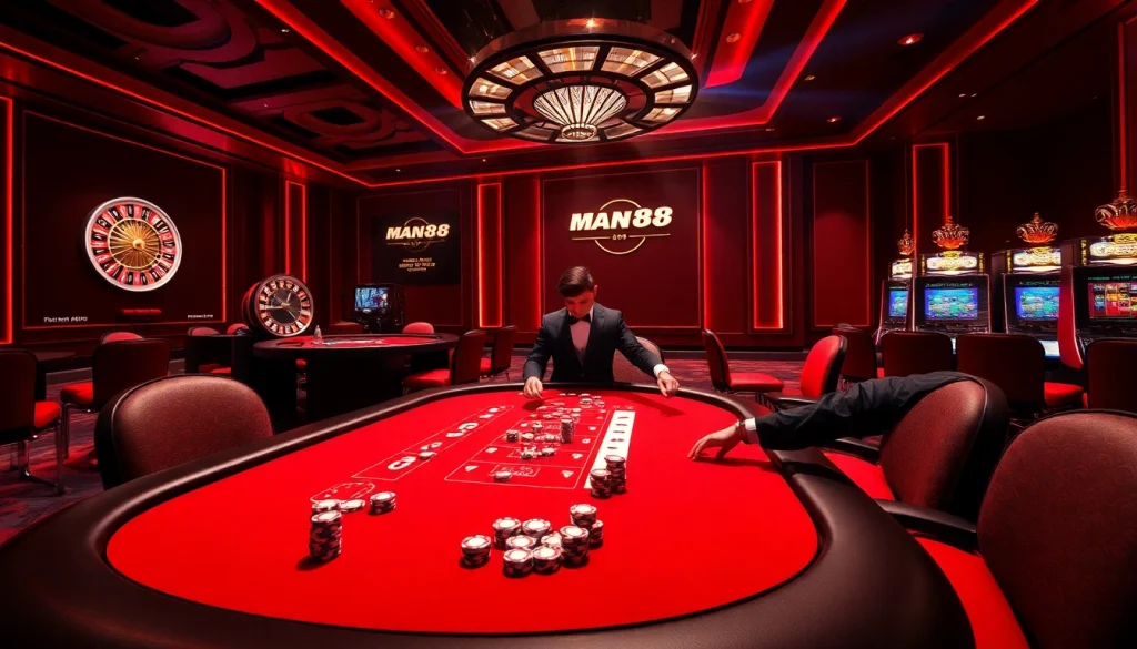 Experience the excitement of Man88, showcasing vibrant casino gaming with poker tables and dealers.