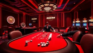 Experience the excitement of Man88, showcasing vibrant casino gaming with poker tables and dealers.