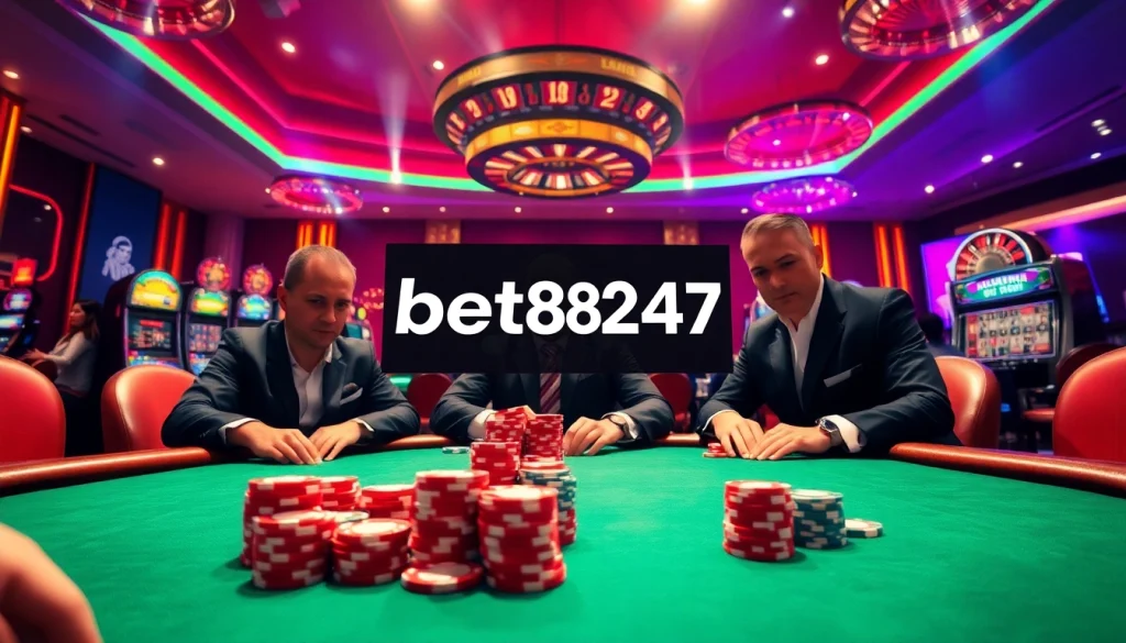 Engaging scene of professional players at a poker table with vibrant chips featuring bet88247 logo.