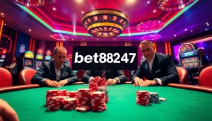 Engaging scene of professional players at a poker table with vibrant chips featuring bet88247 logo.