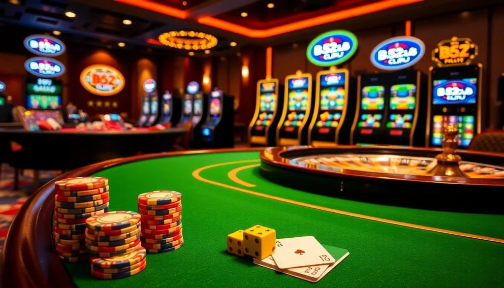 Players enjoying immersive gambling experiences at B52club casino, featuring vibrant slot machines and poker tables.