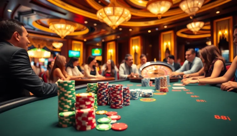 Players engaging in high-stakes poker at 88i's luxurious casino table atmosphere.