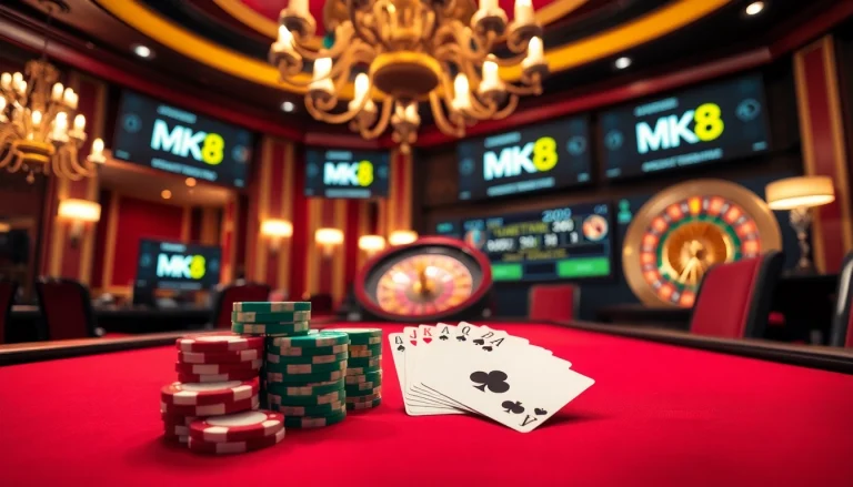 Experience thrilling poker action at MK8 with vibrant chips and winning cards in a luxurious casino setting.