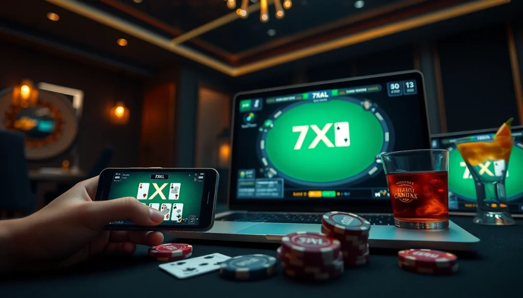 ממשק הורדת 7xl מוצג על פני מכשירים שונים בסצנת פוקר דינמית