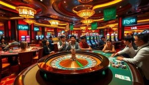 Players enjoying the thrill of gambling at a luxurious casino with the Link FLY88 logo visible.