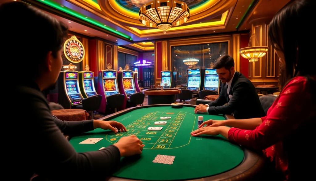 Experience the thrill of 88i game as players engage with Blackjack and slot machines in a vibrant casino setting.