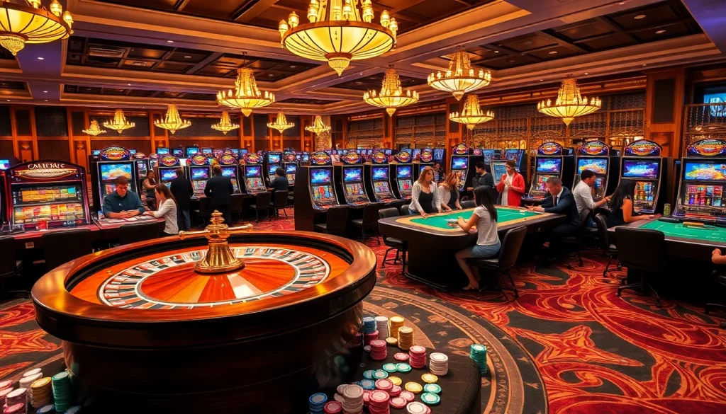 Engaging gamblers at a vibrant casino gaming scene centered around https://www.jl55.app/ featuring roulette and slot machines.