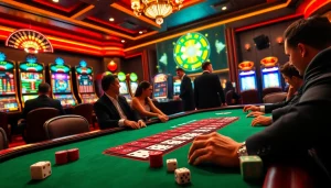 Engage with the electrifying atmosphere of 32WIN Com, featuring a luxurious poker table and vibrant slot machines.