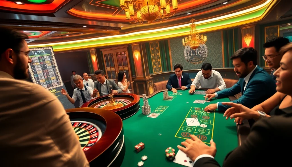 Players engaging in high-stakes poker at FLY88 casino, surrounded by vibrant roulette wheels and colorful chips.