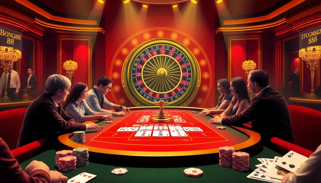 Bong88 players enjoying a vibrant casino atmosphere with poker chips and roulette in action.