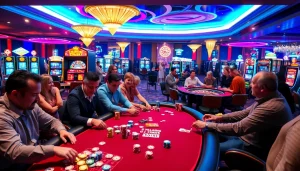 Gamblers enjoying the excitement of casino games at https://xx88tv.com/, with poker chips and vibrant slot machines.