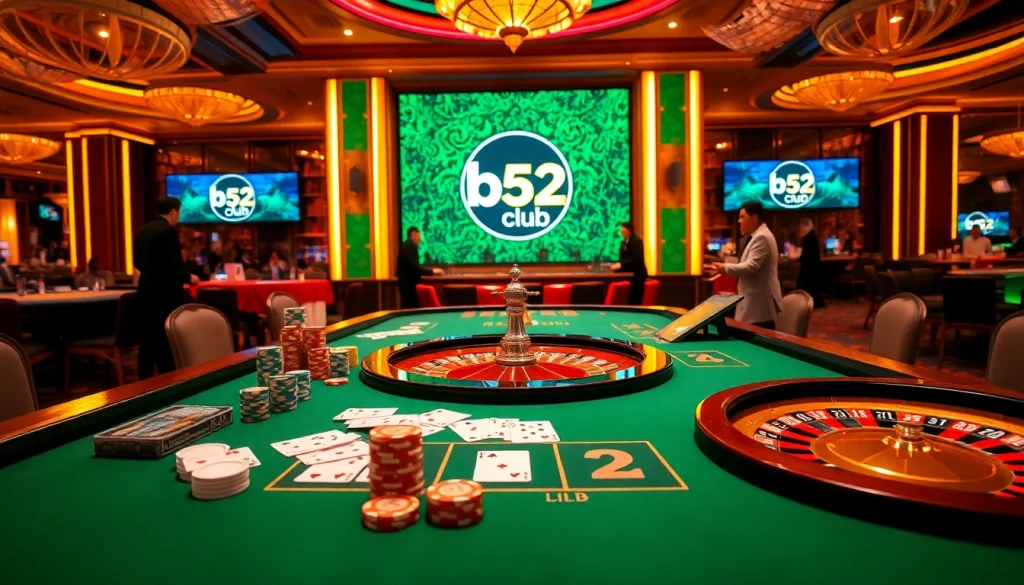 The b52 club gaming table showcasing vibrant poker chips and cards, filled with excitement.