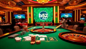 The b52 club gaming table showcasing vibrant poker chips and cards, filled with excitement.