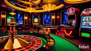 Experience thrilling online gambling at febet with vibrant visuals of roulette and poker games.