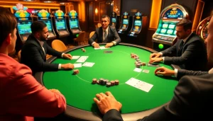 Gambler placing bets at a sbobet poker table in a luxurious casino setting.