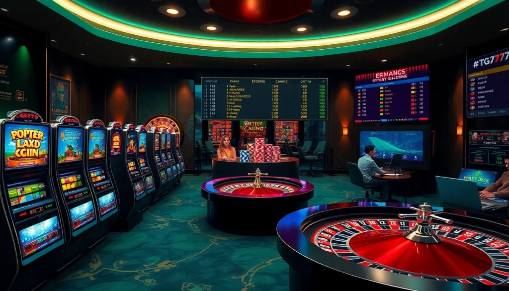 Experience thrilling gaming action at https://tg777.one/ with vibrant slot machines and poker chips.