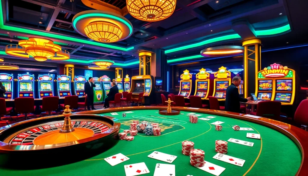 Experience the thrill of winning at Sunwin's vibrant gaming tables and slot machines.