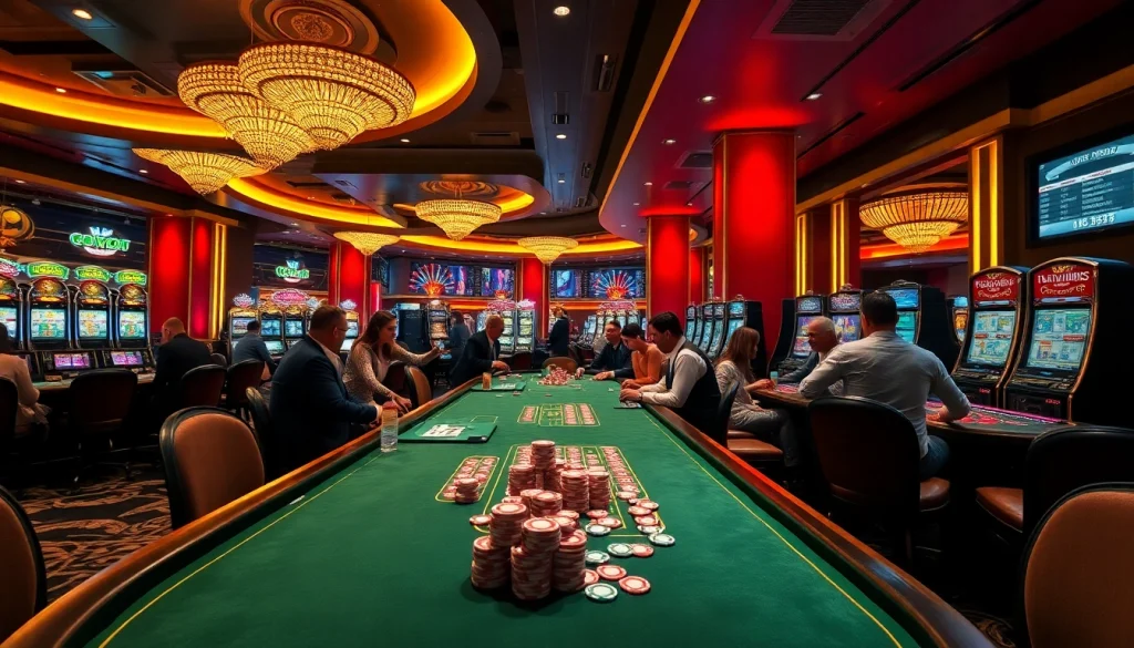 Players enjoying a thrilling game at 789P casino, surrounded by vibrant lights and luxurious tables.