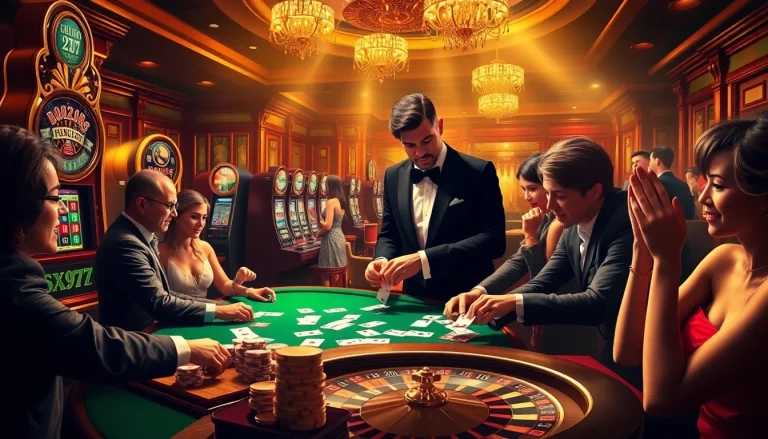 Exciting casino scene featuring 5Z777-themed poker chips, cards, and slot machines in a luxurious setting.