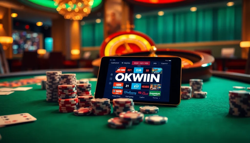 Experience thrilling bets at https://okwin.blog/ with an immersive online casino scene showcasing a dynamic roulette wheel and vibrant poker action.