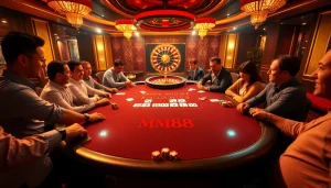 High-stakes poker action at an MM88 branded casino table with vibrant chips and cards.
