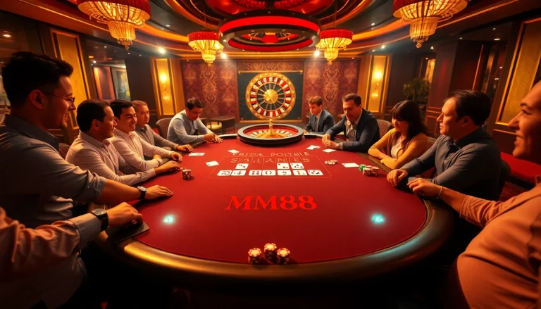 High-stakes poker action at an MM88 branded casino table with vibrant chips and cards.